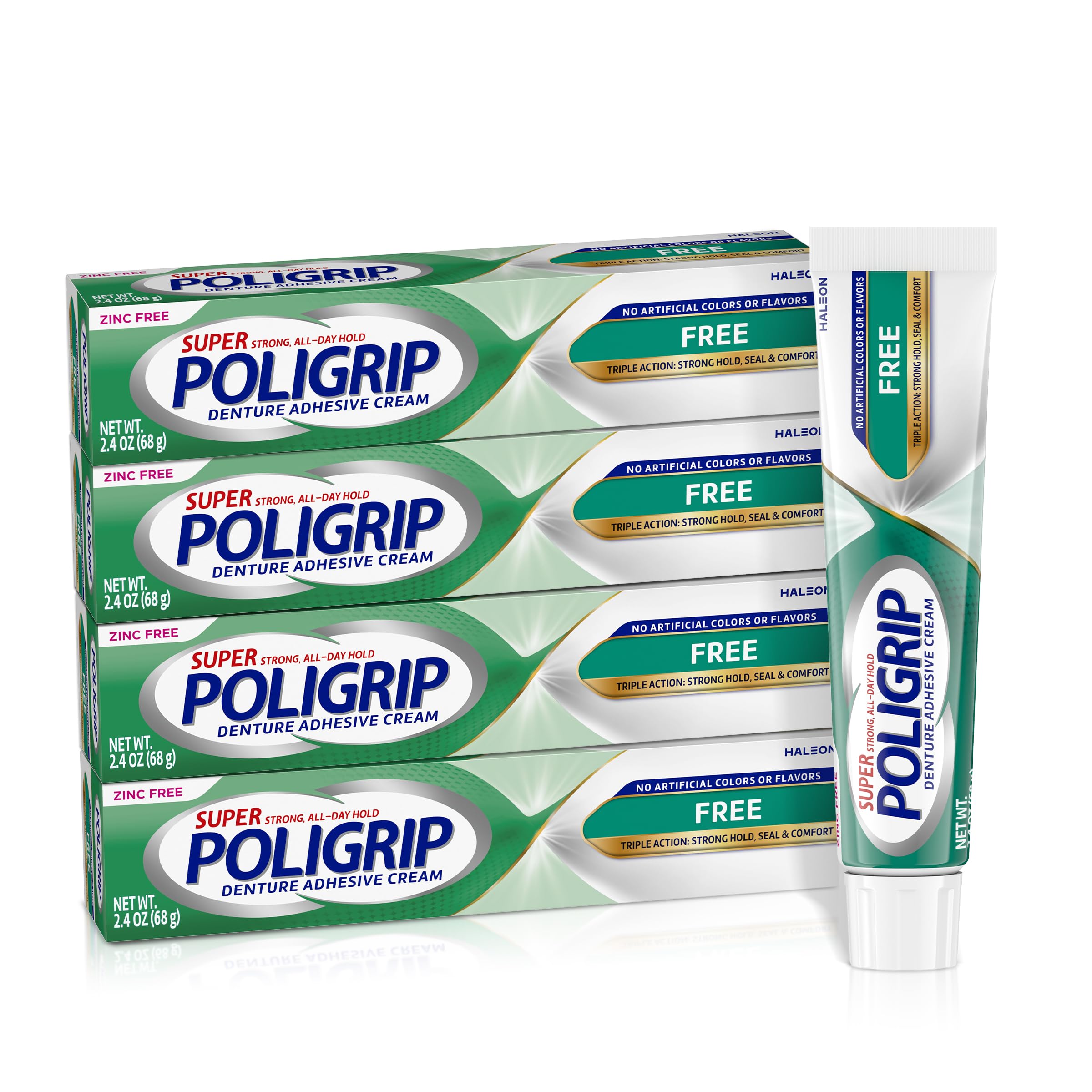 Poligrip Free Denture Adhesive Cream, Strong All-Day Hold, 2.4 oz (4 Pack) | Foo