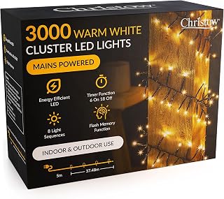 CHRISTOW Christmas Cluster Lights, 3000 LEDs, Warm White | 37.48m Lit Length, Micro LED Cluster Lights, 8 Flash Modes with Memory, Timer Function, Mains Powered, Indoor & Outdoor Use