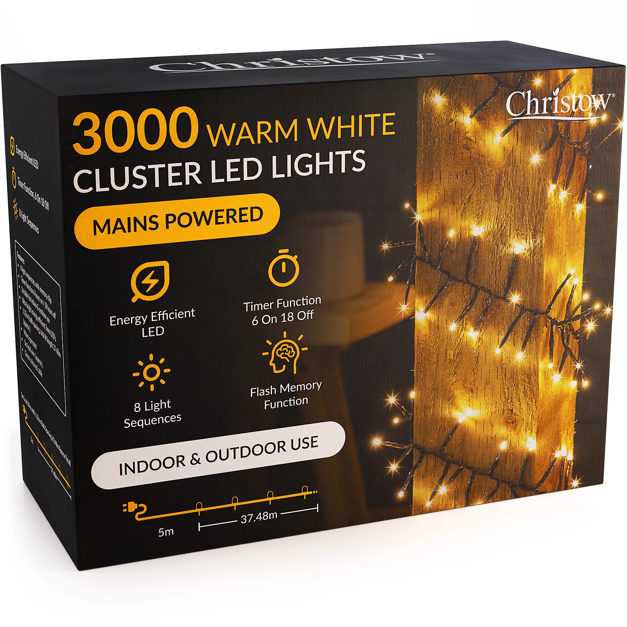CHRISTOW Christmas Cluster Lights, 3000 LEDs, Warm White | 37.48m Lit Length, Mi