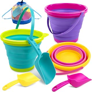 JOYIN 7 PCS Beach Pails Sand Buckets and Sand Shovels Set for Kids, Foldable Beach Toys Collapsible Buckets for Beach Play, Beach Party and Summer Activities (3 Buckets + 3 Shovels + 1 Beach Bag)