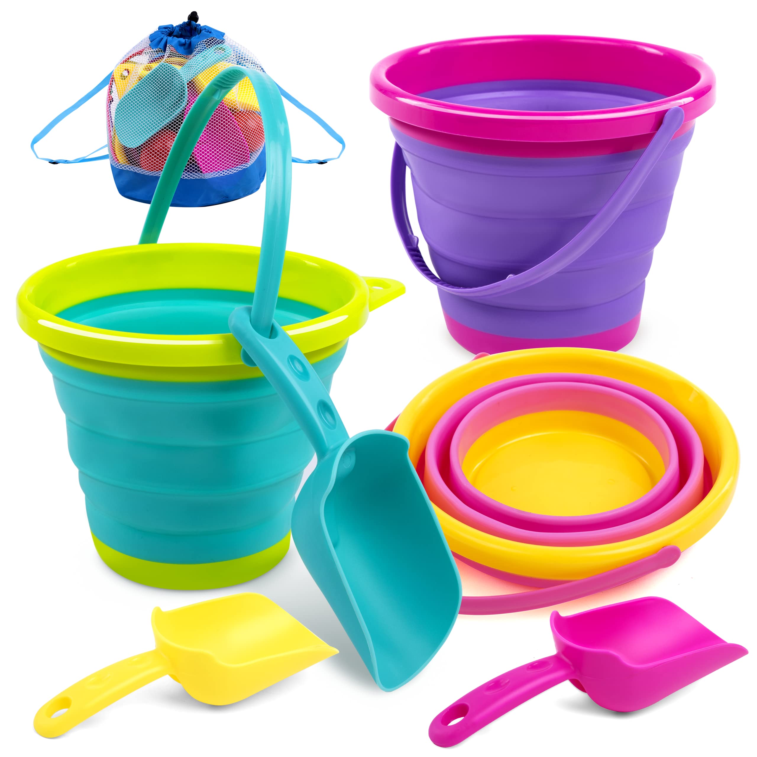 JOYIN 7 PCS Beach Pails Sand Buckets and Sand Shovels Set for Kids, Foldable Bea
