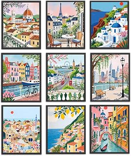 Vintage Travel Cities Wall Poster Set of 9 Famous European City Italy Fashion Colorful Wall Decor for Classroom Living Room Bedroom Bathroom