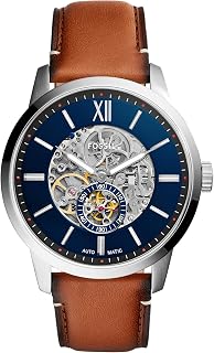 Fossil Men's Townsman Automatic Stainless Steel and Leather Three-Hand Skeleton Watch, Color: Black, Cognac (Model: ME3098)