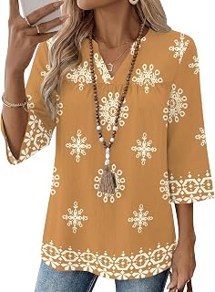 Rapbin Camicette da donna a pieghe con maniche a 3/4, scollo a V, stampa floreale, casual, vestibilità larga
