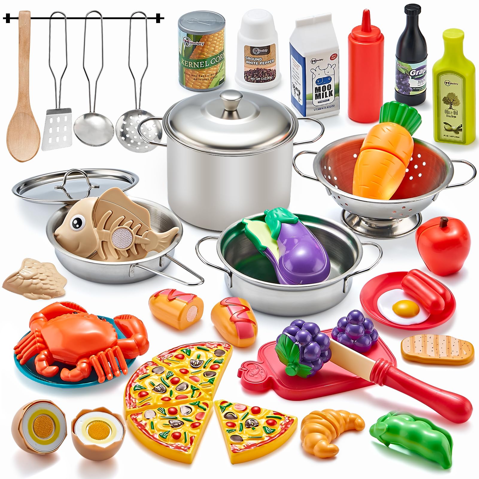 Kidsciety Pretend Play Kitchen Accessories, 52pc Kids Kitchen Playset with Play 