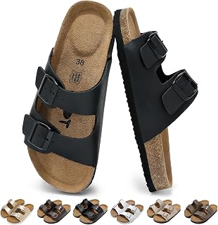 Women's Mules with Cork Footbed, Comfortable Leather Sandals with Adjustable Straps, Non-Slip Arch Support Sandals with Genuine Leather Footbed & Memory Foam Slippers for Leisure and Beach