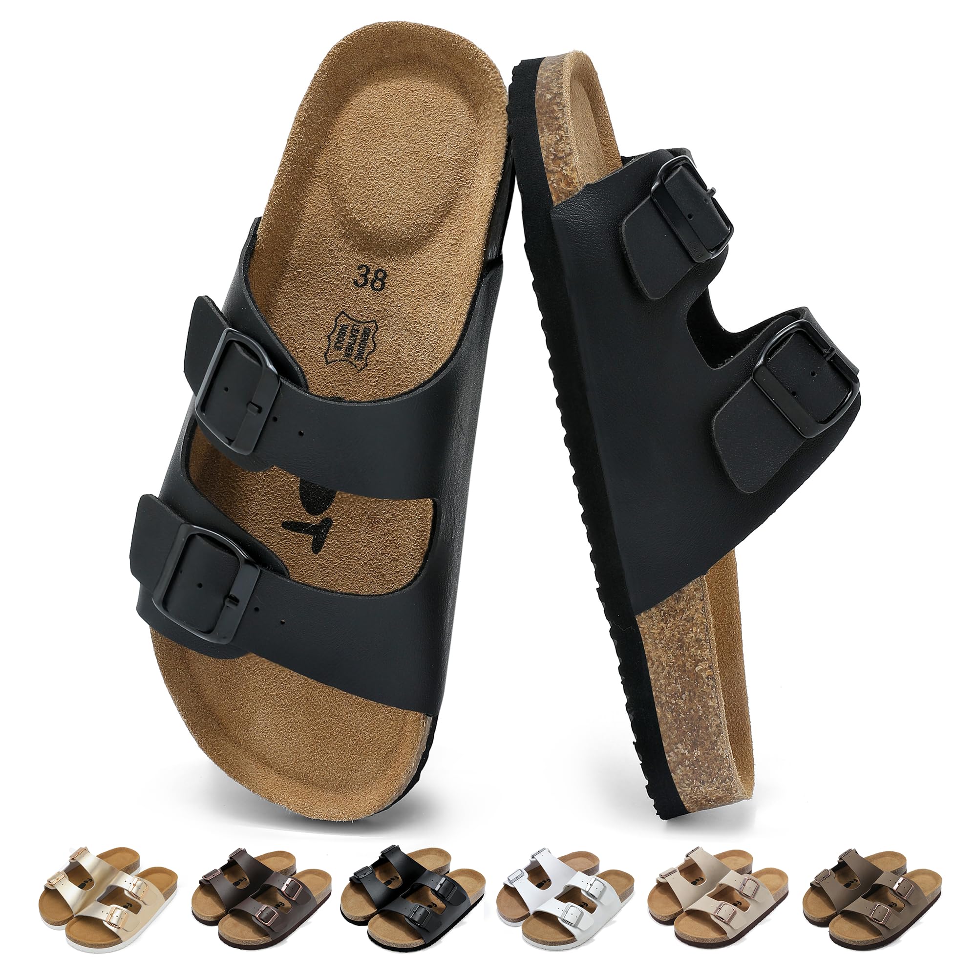 Women's Mules with Cork Footbed, Comfortable Leather Sandals with Adjustable Str