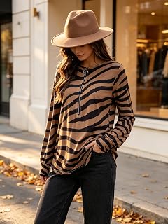 Womens Long Sleeve V Neck Zipper Front Shirt Tops Soft Loose Tops with Stylish Pattern