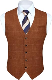 HISDERN Mens Burnt Orange Waistcoat Wedding Formal Cotton Plaid Classic Check Party Business Suit Vest