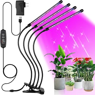 Sondiko 4-Head LED Grow Light, Full Spectrum Plant Light with Auto Timer | Adjustable gooseneck, 10 dimmable brightness levels, 3 switch modes; built-in 3/9/12H auto cycle timer for seedling growing