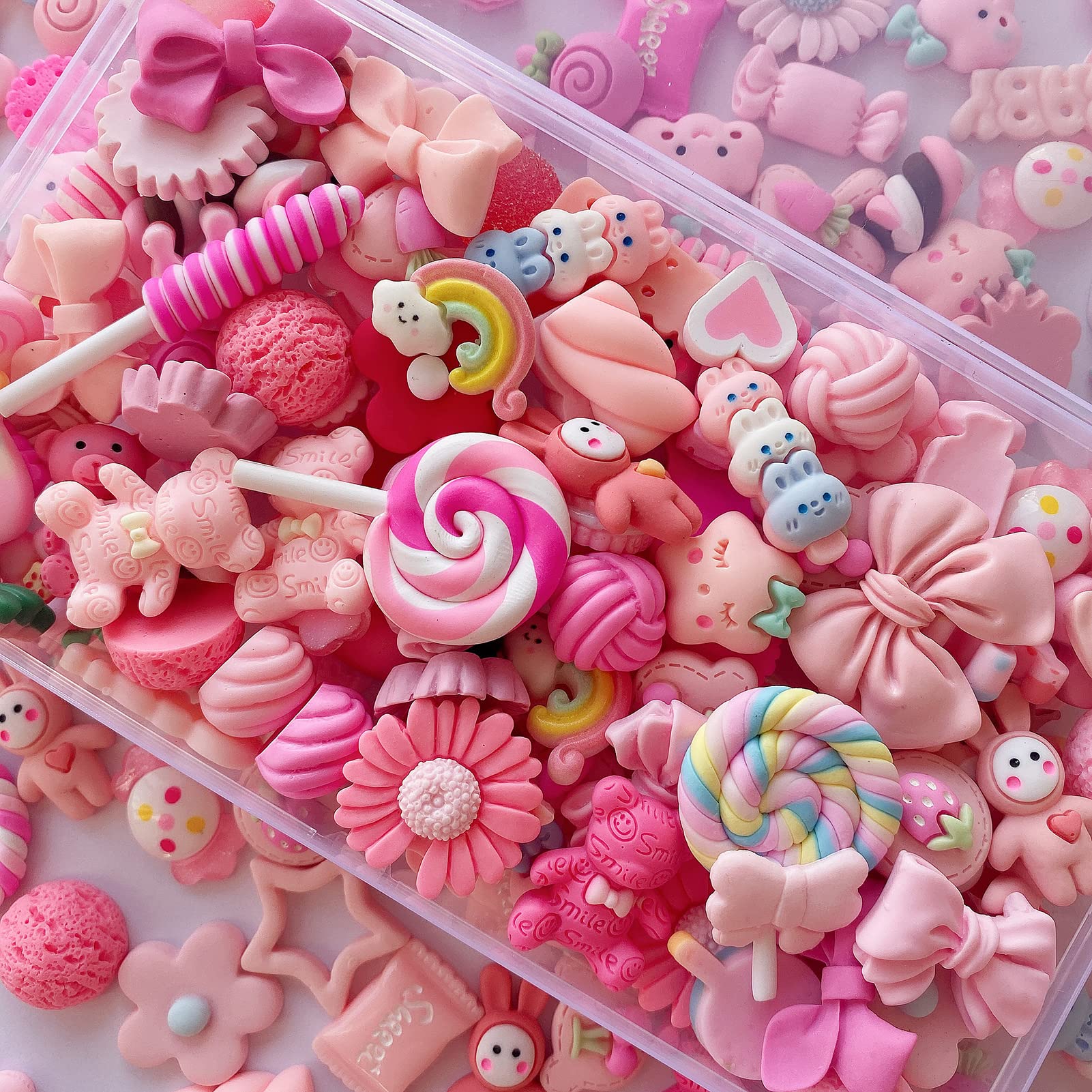FULUSODO 60pcs Cute Set,Pink Flat Back Bulk Mixed Resin Ornament Scrapbooking Se
