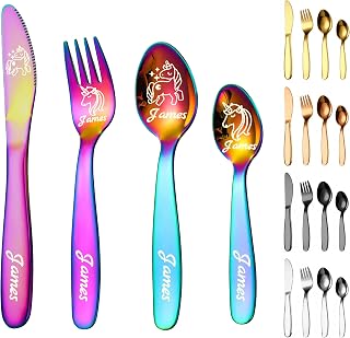 iHoesdste Personalized Kids Cutlery Set Custom Toddler Silverware Gift | Laser engraved stainless steel 4-piece utensils with dinosaur & unicorn design. Ideal for toddler self-feeding daily use.