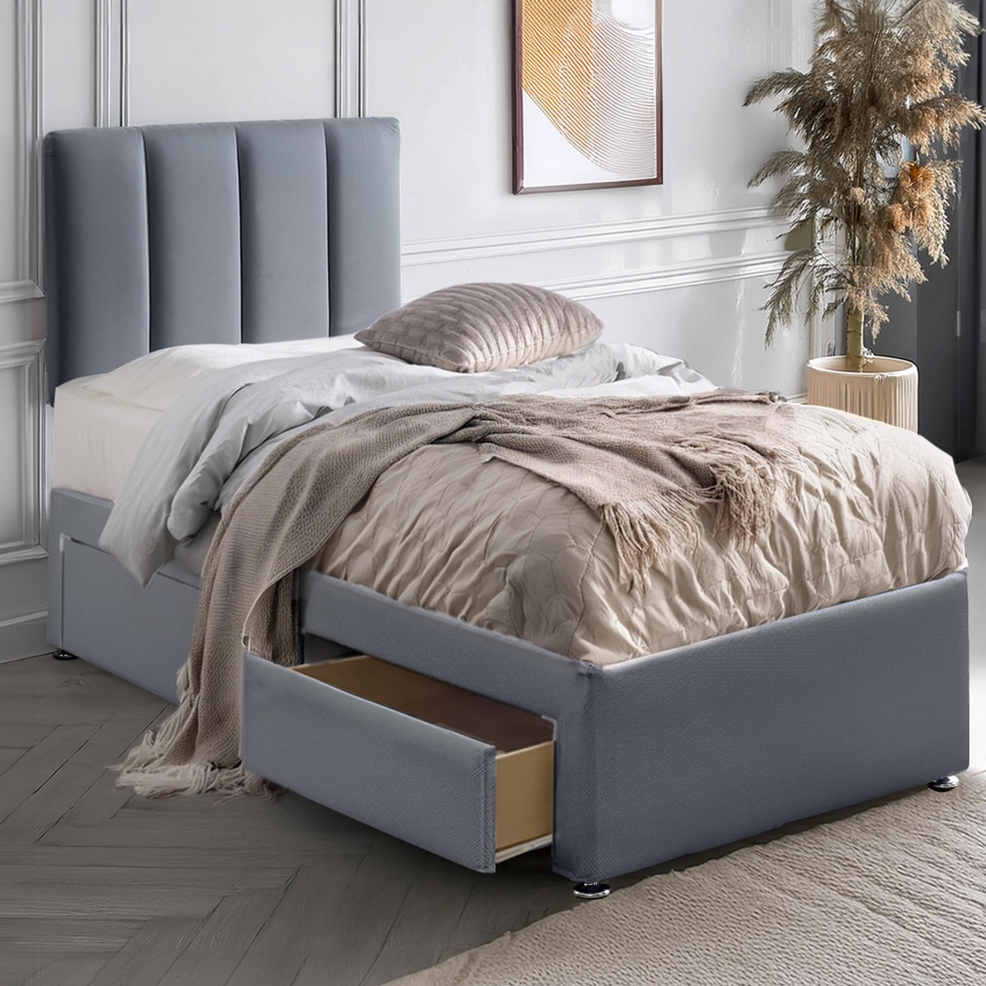 ComfoRest Divan 3FT Single Bed with Mattress Included and Storage, Grey