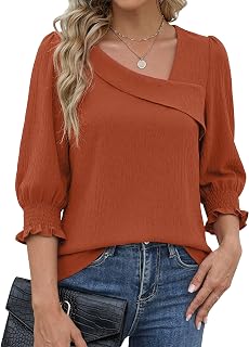 Funlingo Damen-Oberteil, 3/4-Ärmel, asymmetrisch, quadratischer Ausschnitt, elegant, lässig, für Business, Arbeit, Hemden mit gesmokten Bündchen