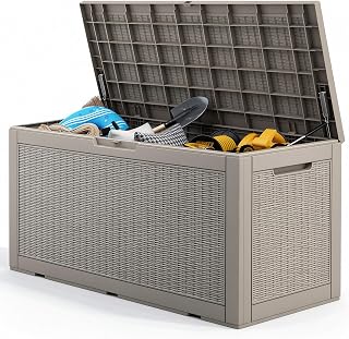 160 Gallon Deck Box,Lockable Outdoor Storage Box Gas Lift,Waterproof,Grey | Package delivery box for outside, outdoor bench with lid, holds patio cushions, gardening tools, dock storage for patio