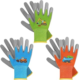 WAWSAM Kids Gardening Gloves 3 Pairs,Toddlers Rubber Coated Work Gloves,Gants Jardinage,Size for Boys&Girls Age 3-7