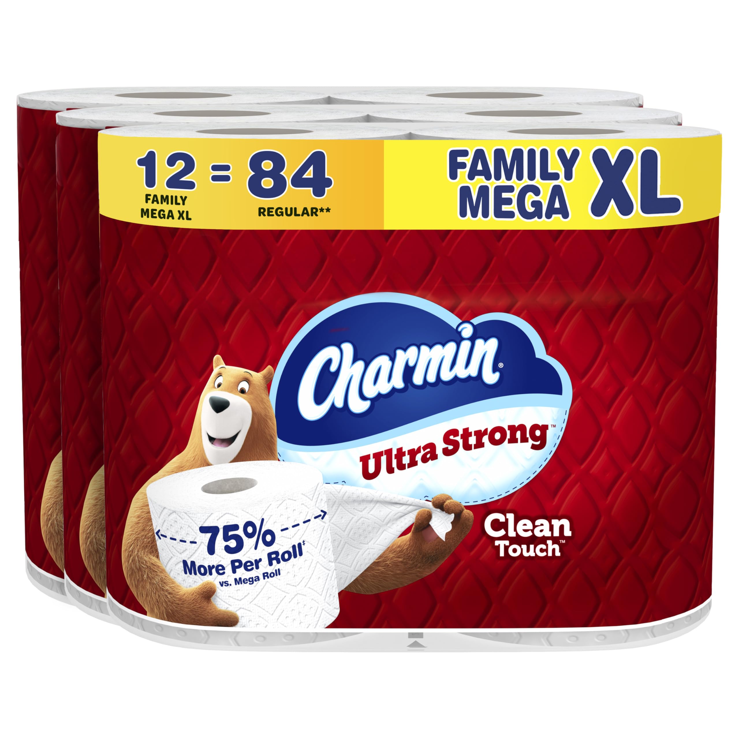 Charmin Toilet Paper Ultra Strong Clean Touch, 12 Family Mega XL Rolls = 84 Regu