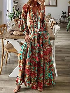 Women's Floral Print Maxi Dress Bell Sleeve V Neck Tie Waist Ruffle Hem Long Flowy Dress Beach Holiday Beach Size M