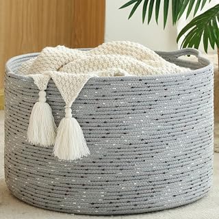 KAKAMAY Large Blanket Basket (20 x 13 in), Woven Baskets for Baby Linen Storage, Cotton Rope Blanket Basket for Living Room, Laundry, Nursery, Pillows, Grey with Blue Dots and