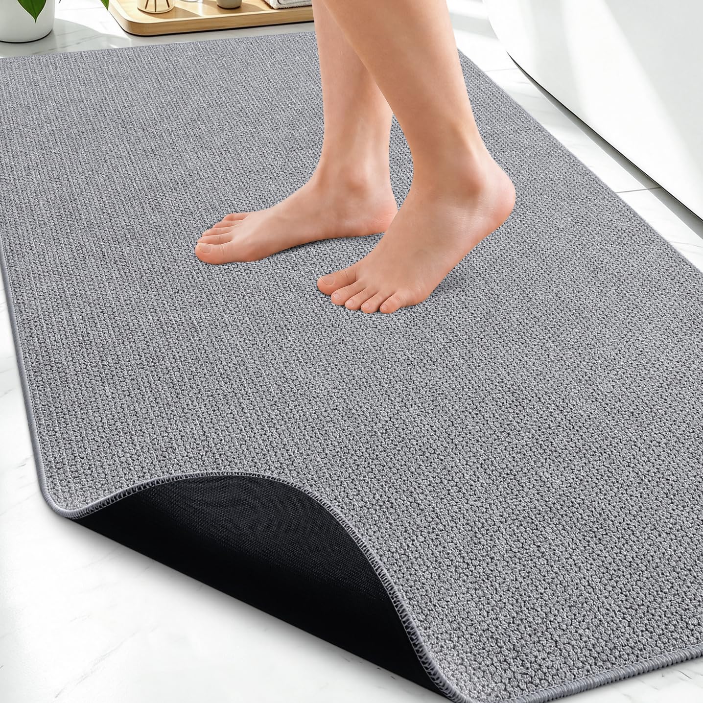 Smiry Ultra Thin Bath Mat 30X20, Non Slip Rubber Washable Bathroom Rugs | Grey, 