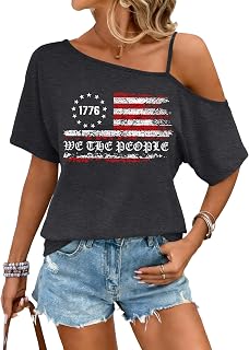 PECHAR 4th of July シャツ レディース USA 愛国的 オフショルダー Tシャツ アメリカ国旗 スパゲッティストラップ Tシャツ ルーズフィット トップス