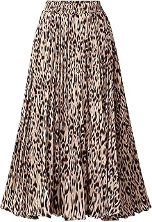 CHARTOU Womens Chic Elastic High Waisted A Line Leopard Print Pleated Shirring Midi-Long Skirt