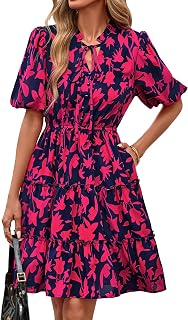 BTFBM Women Summer Floral Short Dresses V Neck Short Sleeve Tiered Ruffle Boho Swing Dress A-Line Mini Dresses