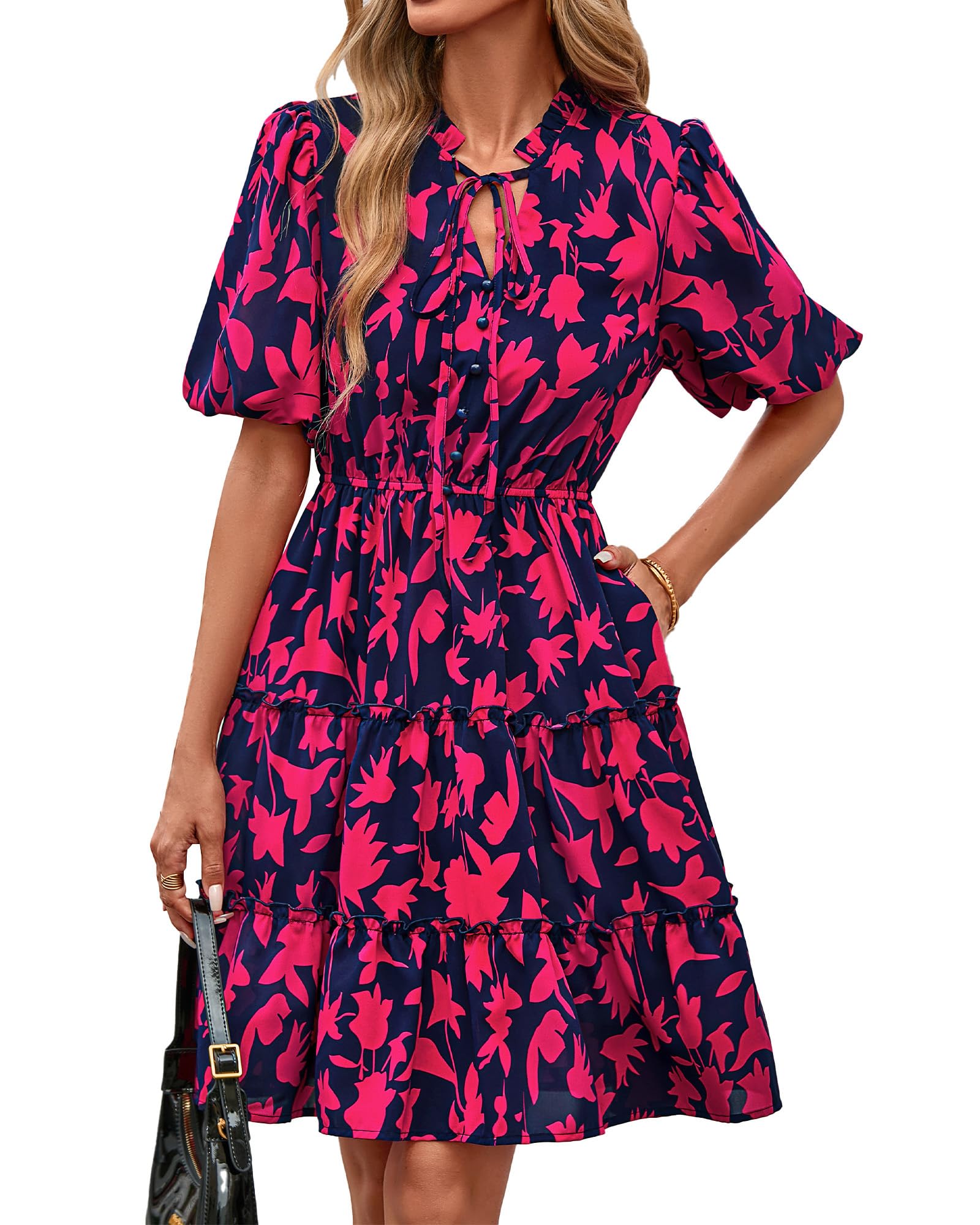 BTFBM Women Summer Floral Short Dresses V Neck Short Sleeve Tiered Ruffle Boho S