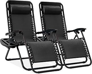 Best Choice Products Zero Gravity Chair Recliner, Black | Set of 2 w/ Pillows and Cup Holder Trays, Foldable Lounge Chair with Adjustable Reclining Positions for Patios Decks Porches