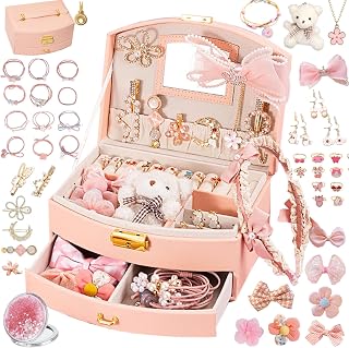 velachuan Princess Jewelry Box for Girls with Hair Accessories,Girls Hair Clips Bows Set, Fashion Hair Styling Kit with Mirror,Pink Sparkle Trinket Box Includes Hair Clips
