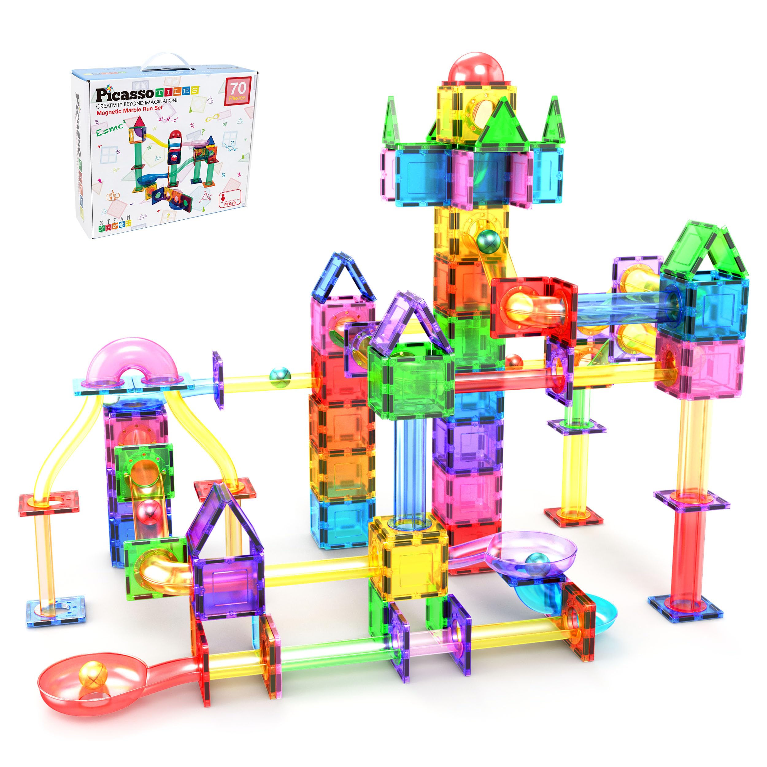 PicassoTiles 70 Piece Marble Run Magnetic Tiles Race Track STEM Ages 3+ | 8 quar