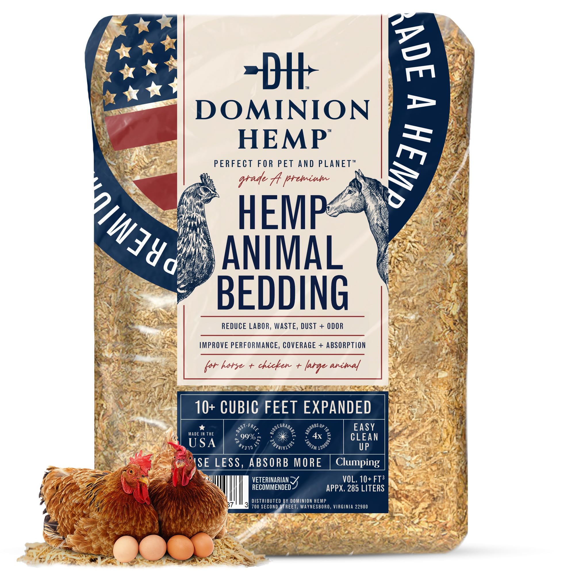 Dominion Hemp Premium Hemp Bedding for Chicken Coops 285L - 30lbs, 1-Pack | Ultr
