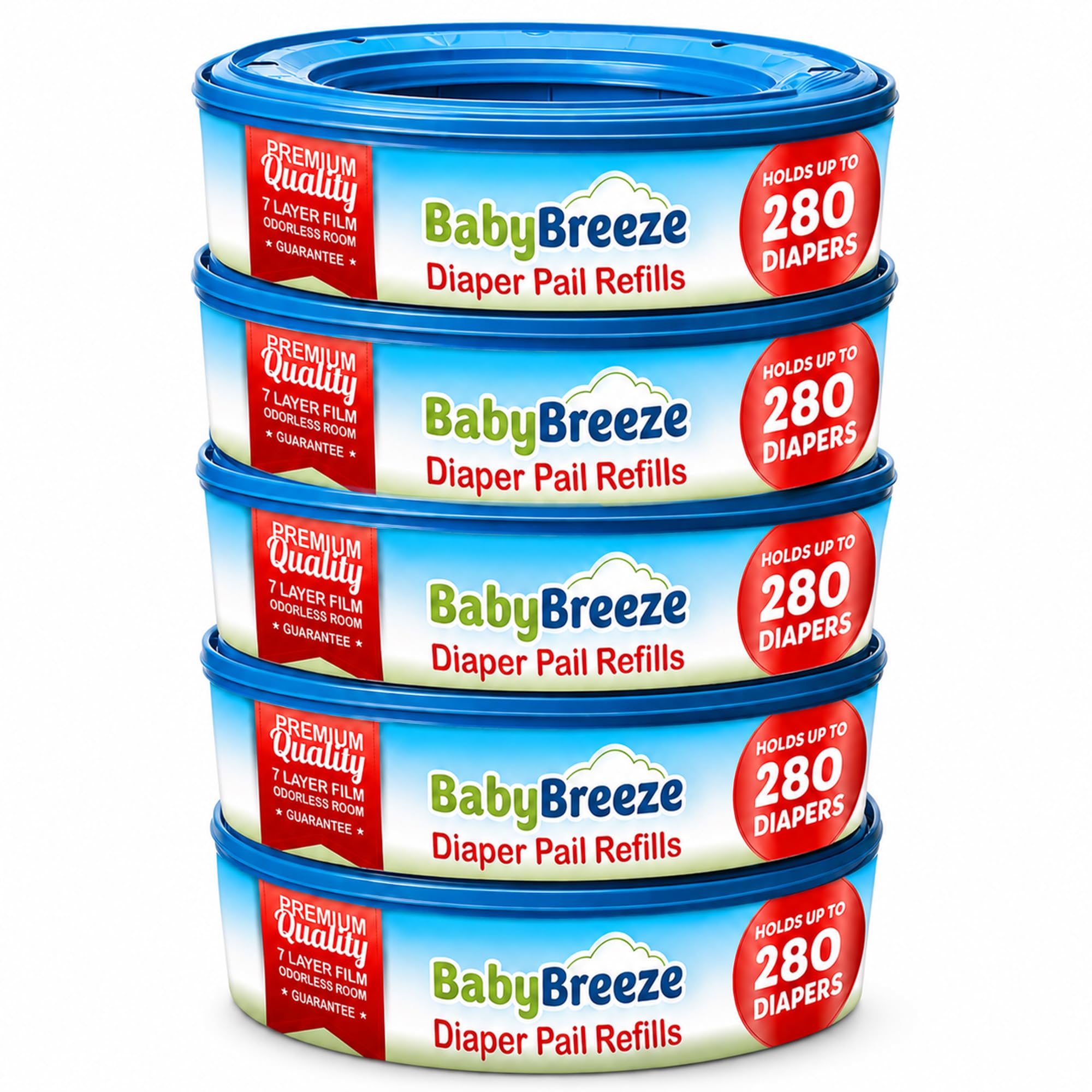BabyBreeze Diaper Pail Refill Bags for Diaper Genie, 5-Pack, 1400 Count | Odor-a