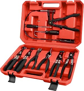 PARTWELL 9Pcs Hose Clamp Pliers Set for Coolant/Fuel/Oil/Water Hoses | Flexible 24" Long Wire Spring Hose Clamp with Swivel Jaw, Clic-R Type Pliers, Hose Remover &amp; Flat Band Clamp Tool, Red Case