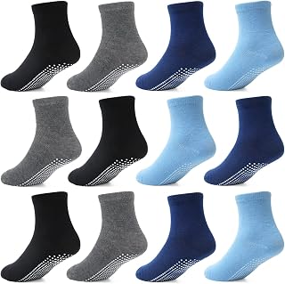 HYCLES Baby Grip Socks 12 Pairs for Boys Girls 0-10 Years - Toddler Non Slip Kids Anti Skid Crew Socks with Grips