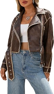 LY VAREY LIN Women Faux Leather Cropped Jacket Lapel Zipper Biker Short Coat with Belt