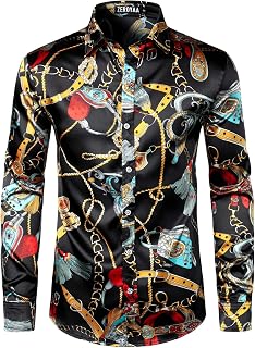 ZEROYAA Men's Printed Design Satin Button Up Dress Shirt