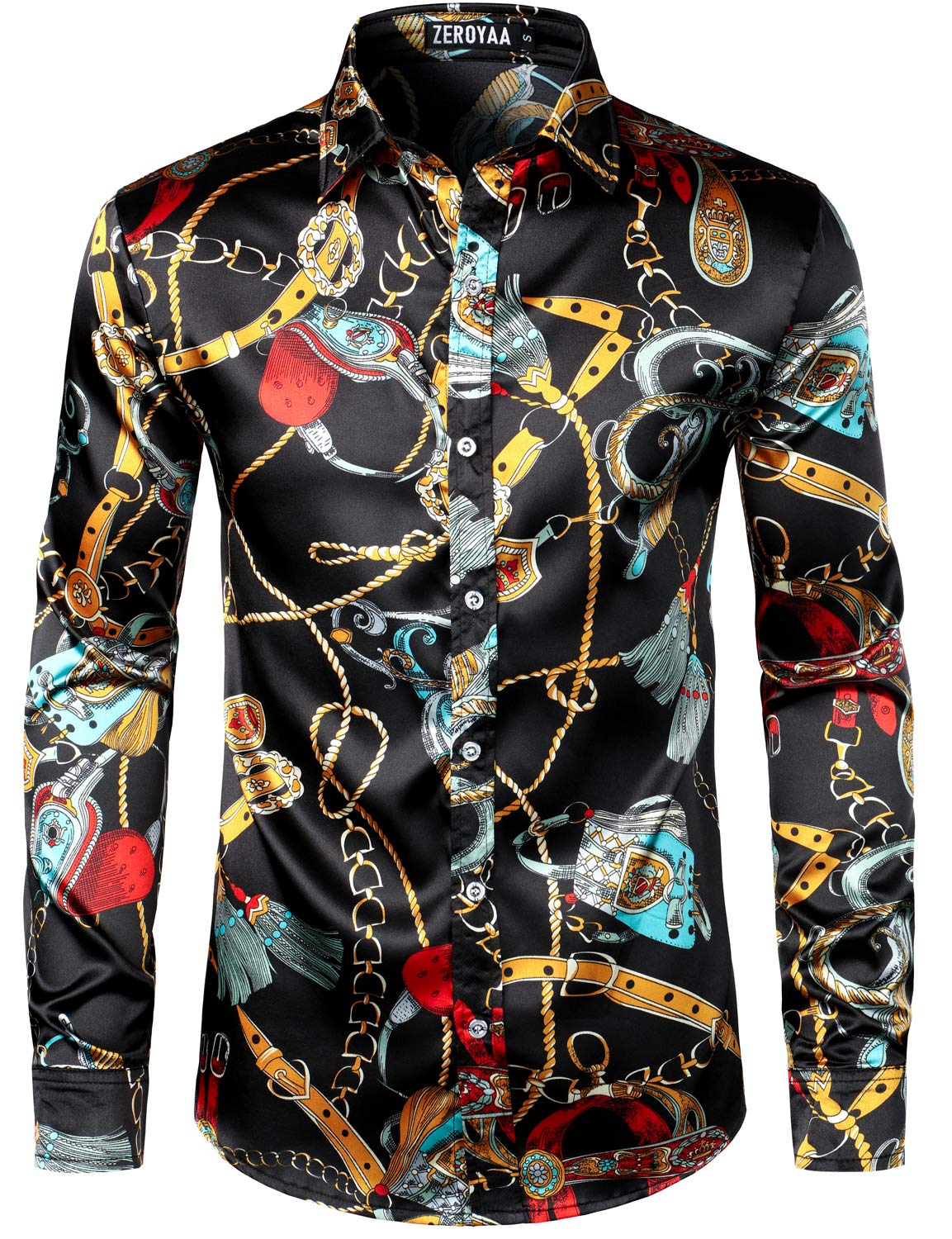 ZEROYAA Men's Printed Design Satin Button Up Dress Shirt