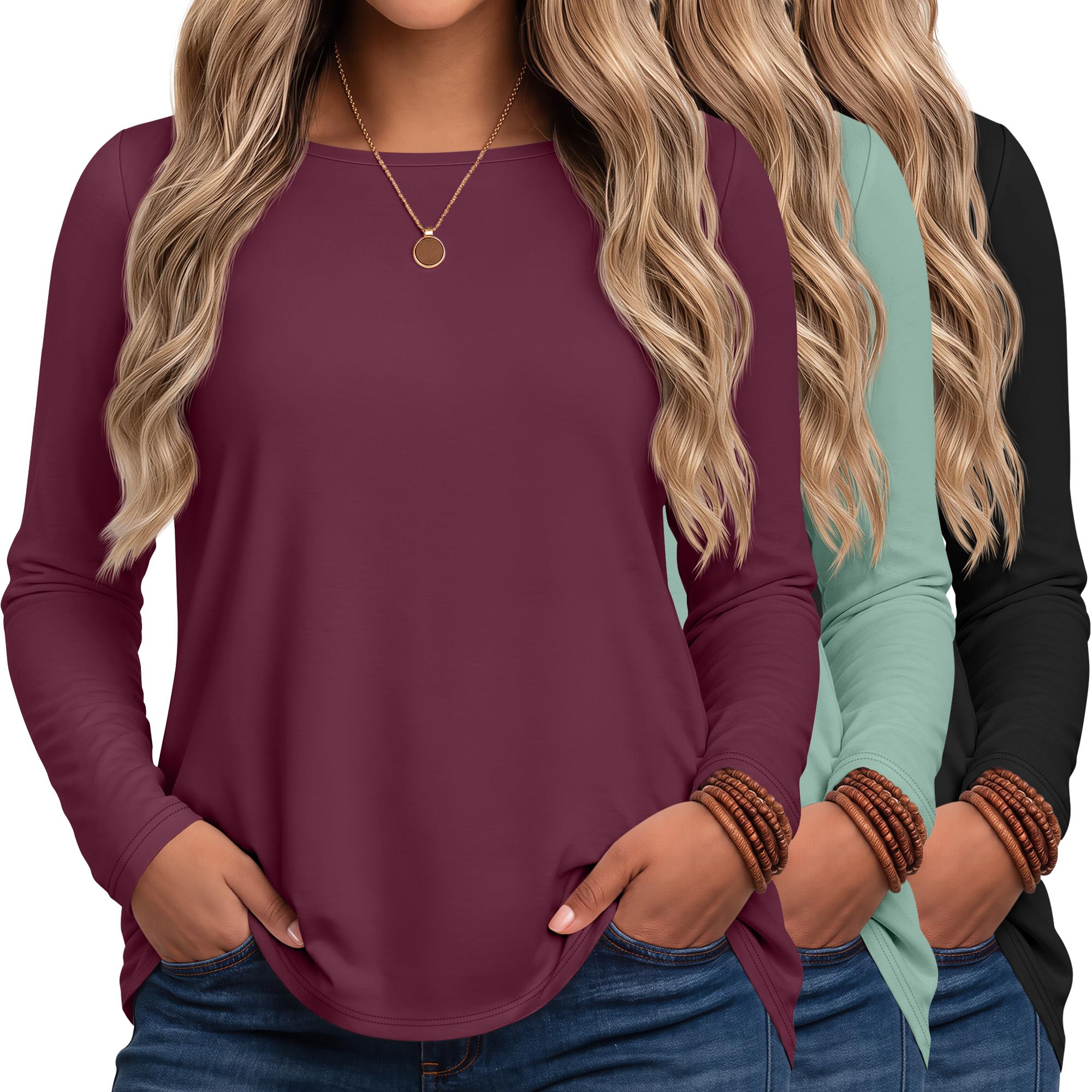 Ficerd 3 Pack Women's Plus Size Tops Long Sleeve T Shirts
