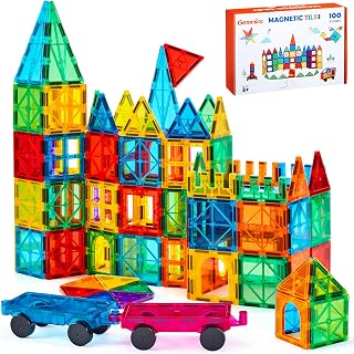 Gemmicc 100 PCS Magnetic Tiles with 2 Cars, Magnet Stacking Blocks Kids | Deluxe Kit,design for group activity,more pieces for class,home play