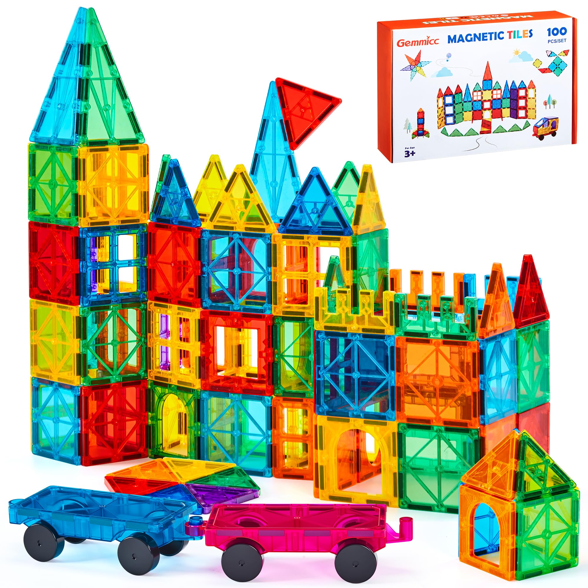 Gemmicc 100 PCS Magnetic Tiles with 2 Cars, Magnet Stacking Blocks Kids | Deluxe