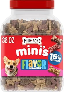Milk-Bone Flavor Snacks Mini’s Dog Treats, 36 Oz. | 5 calories per treat, 15% protein, 3 flavors per canister (beef, chicken & bacon, naturally & artificially flavored)