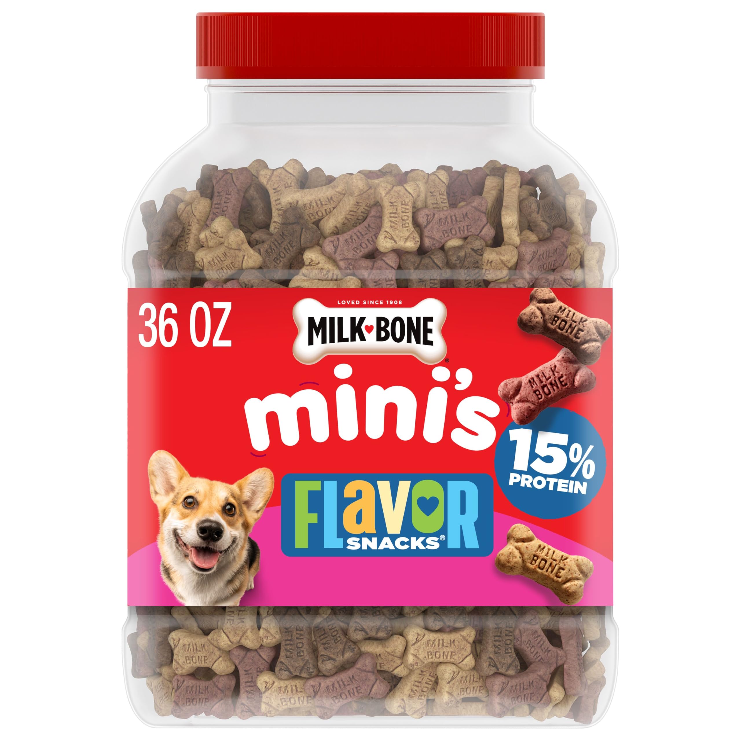 Milk-Bone Flavor Snacks Mini’s Dog Treats, 36 Oz. | 5 calories per treat, 15% pr
