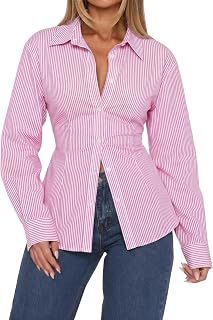MISSACTIVER Women's Lapel Collar Button Down Shirt Cinch Waist Long Sleeve Casual Work Dressy Tunics Blouse Corset Tops