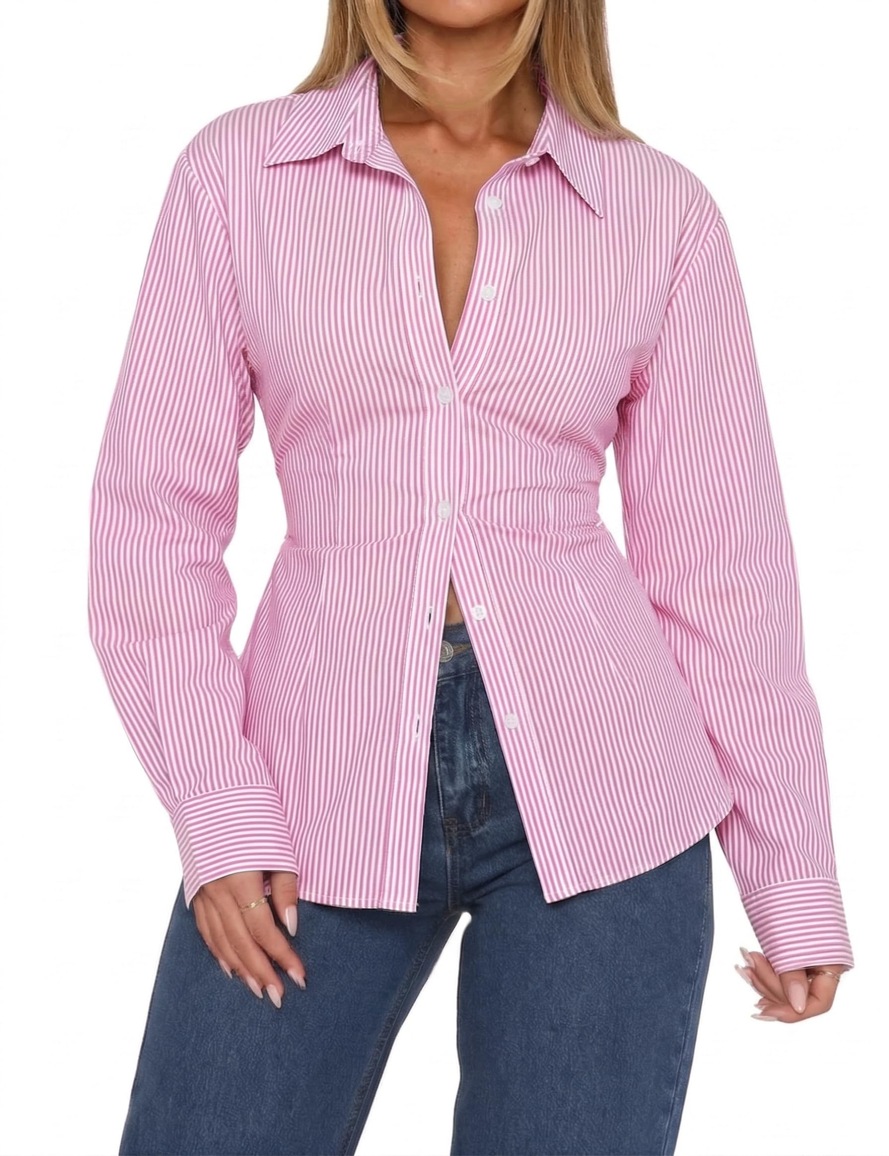 MISSACTIVER Women's Lapel Collar Button Down Shirt Cinch Waist Long Sleeve Casua