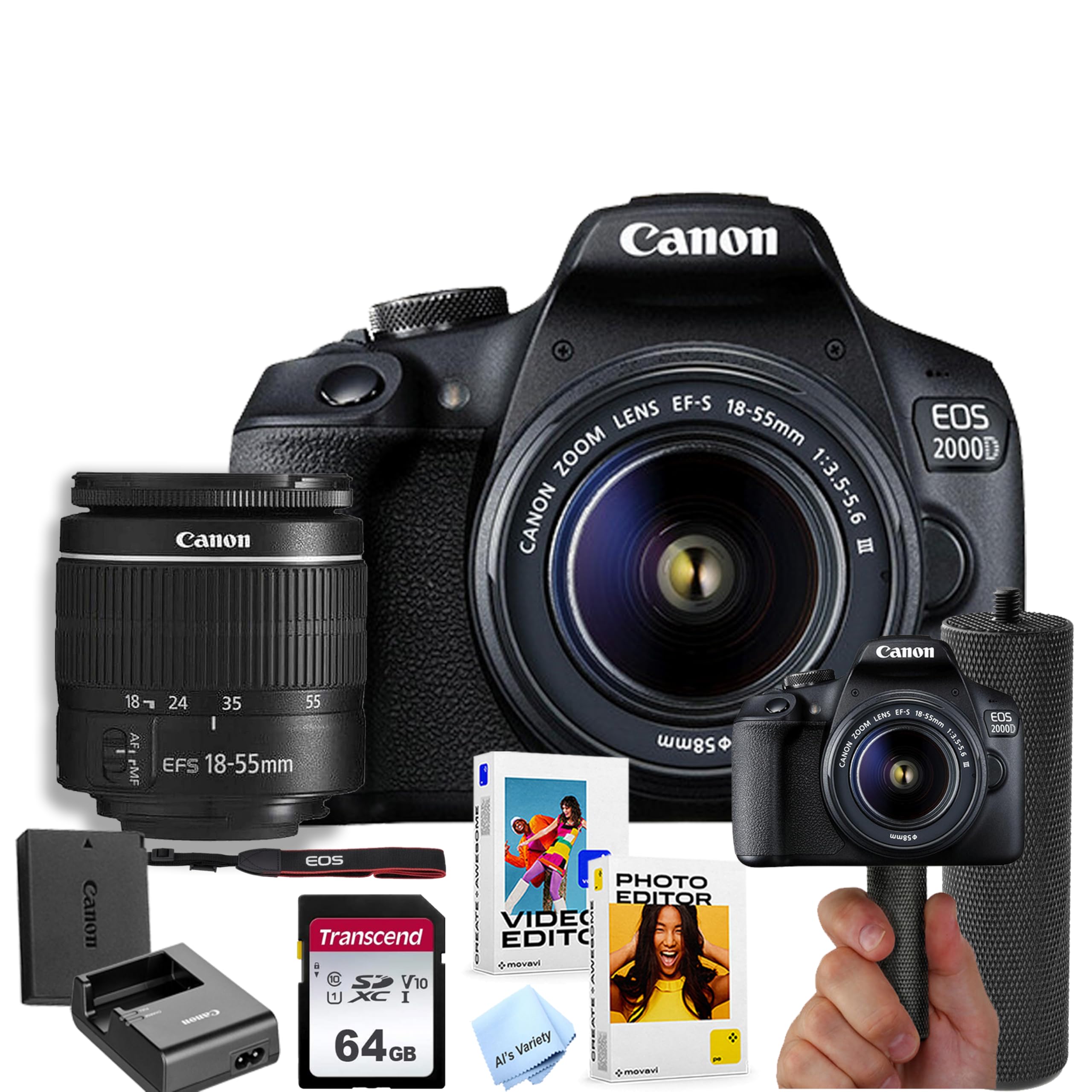 Canon EOS 2000D / Rebel T7 DSLR Camera w/EF-S 18-55mm F/3.5-5.6 Zoom Lens + 64GB