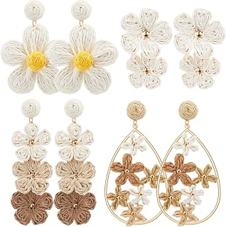 meekoo 4 Pairs Rattan Earrings for Women Beach Essentials Tassel Dangle Boho Straw Earrings