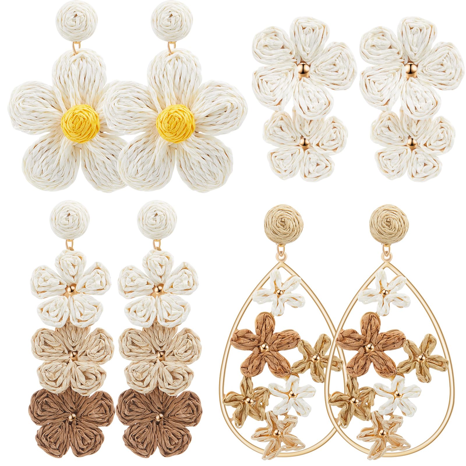 meekoo 4 Pairs Rattan Earrings for Women Beach Essentials Tassel Dangle Boho Str