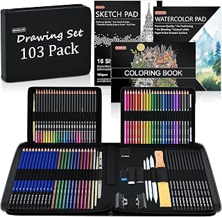 Shuttle Art Colored Pencils, 103 Pieces, Drawing, Watercolor, Oil-Based, Metallic Colors, Sketching, Illustration, Doodling, Eraser, Watercolor Paper, Adult Coloring Books, Storage Case Included, For