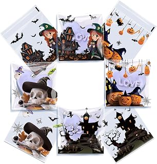 100 Pcs Halloween Cellophane Treat Bags - Adhesive Clear Cookie Bags, Self Sealing Transparent Cellocandy Bags, Adhesive Plastic Goody Snacks Gift Bags for Halloween Party Favors